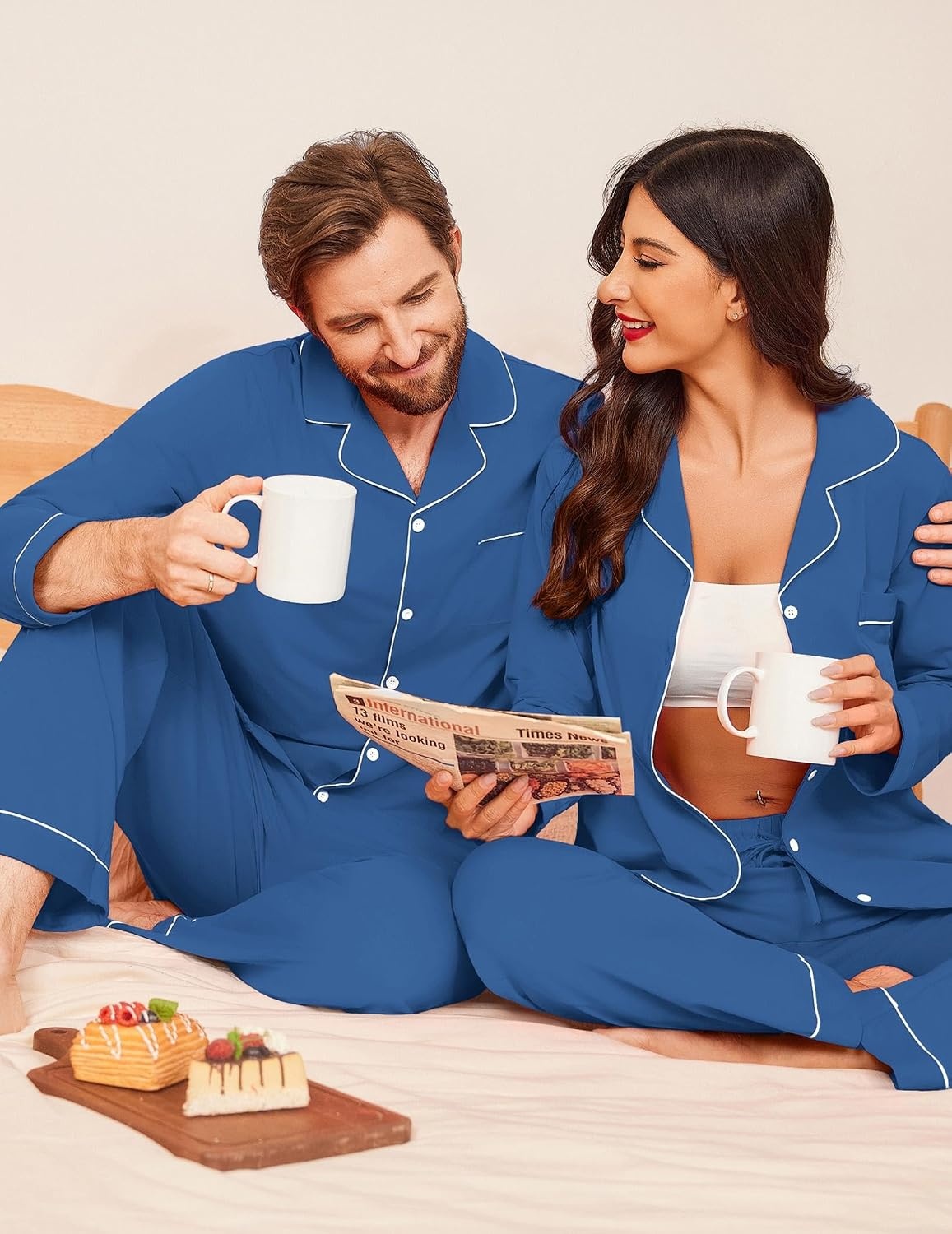 image:imageEkouaer Couple Matching Pajamas 100 Cotton Long Sleeve Loungewear Pj SetsNavyb