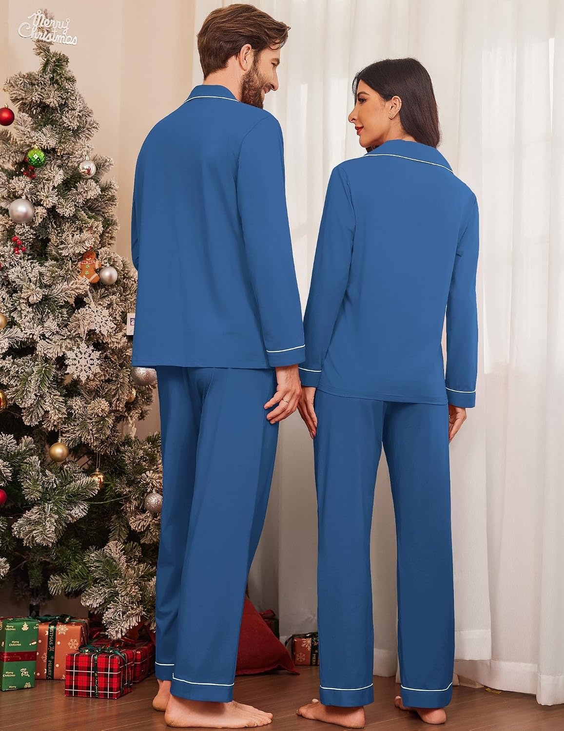 image:imageEkouaer Couple Matching Pajamas 100 Cotton Long Sleeve Loungewear Pj SetsNavyb