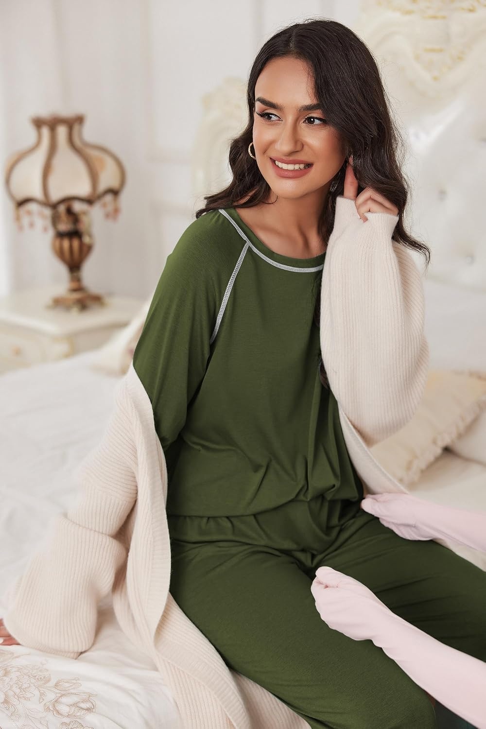 image:imageEkouaer Pajamas Set for Women Soft Comfy Pjs Jogger Lounge SetsArmy Green