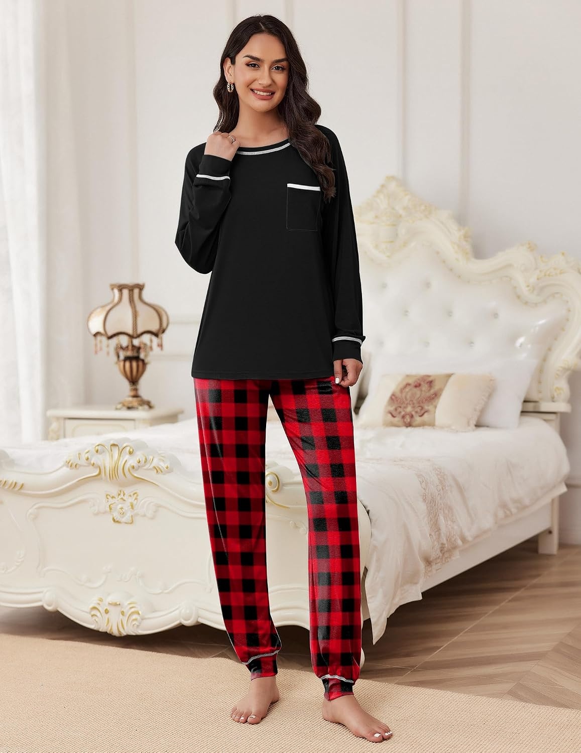 image:imageEkouaer Pajamas Set for Women Soft Comfy Pjs Jogger Lounge SetsBlack Plaid