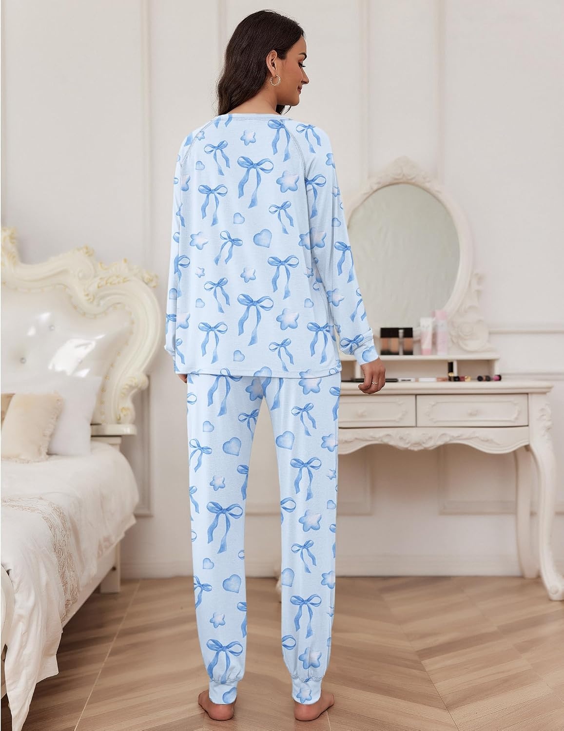 image:imageEkouaer Pajamas Set for Women Soft Comfy Pjs Jogger Lounge SetsBlue Bow