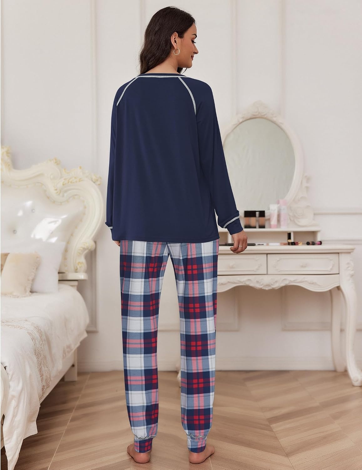 image:imageEkouaer Pajamas Set for Women Soft Comfy Pjs Jogger Lounge SetsNavy Plaid