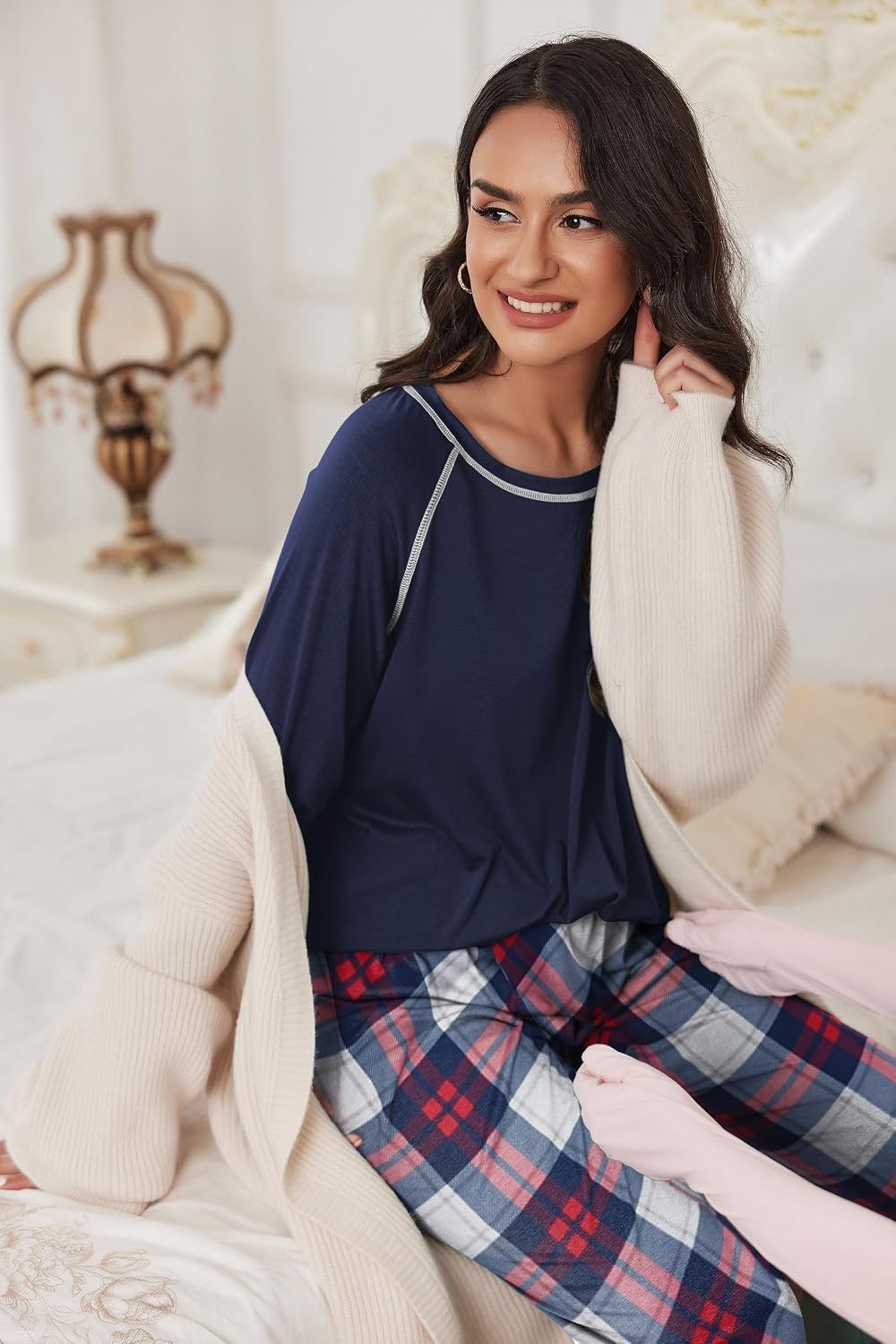 image:imageEkouaer Pajamas Set for Women Soft Comfy Pjs Jogger Lounge SetsNavy Plaid