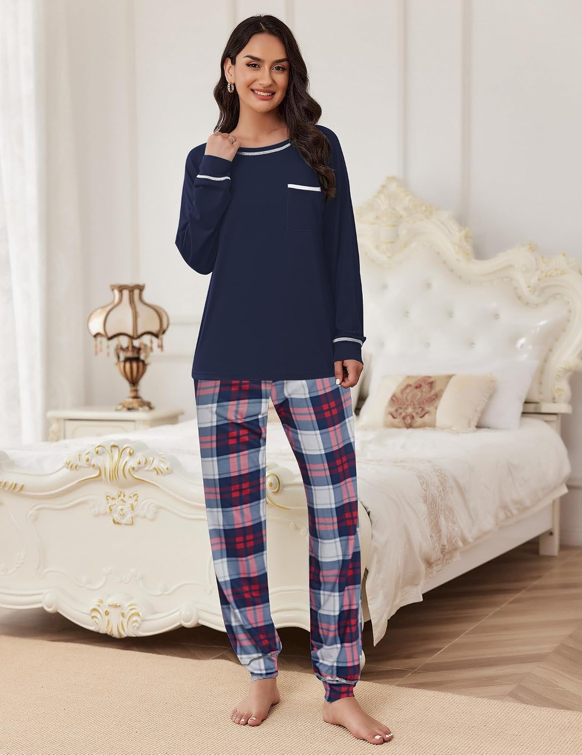 image:imageEkouaer Pajamas Set for Women Soft Comfy Pjs Jogger Lounge SetsNavy Plaid