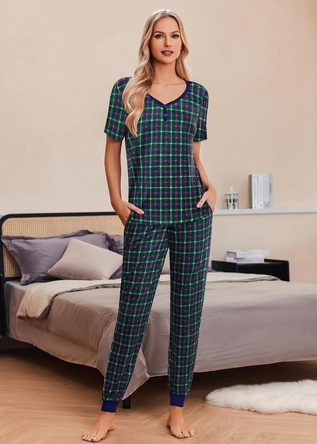 image:imageEkouaer Pajamas for Women Set 2 Piece Short Sleeve Fall Pjs with PocketsBlue Purple Plaid