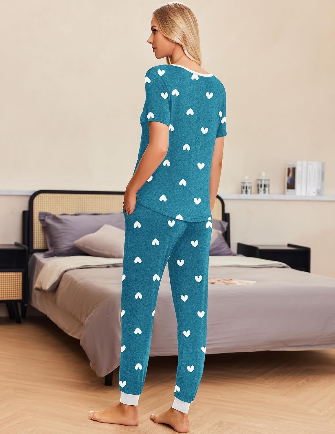 image:imageEkouaer Pajamas for Women Set 2 Piece Short Sleeve Fall Pjs with PocketsGreen Heart