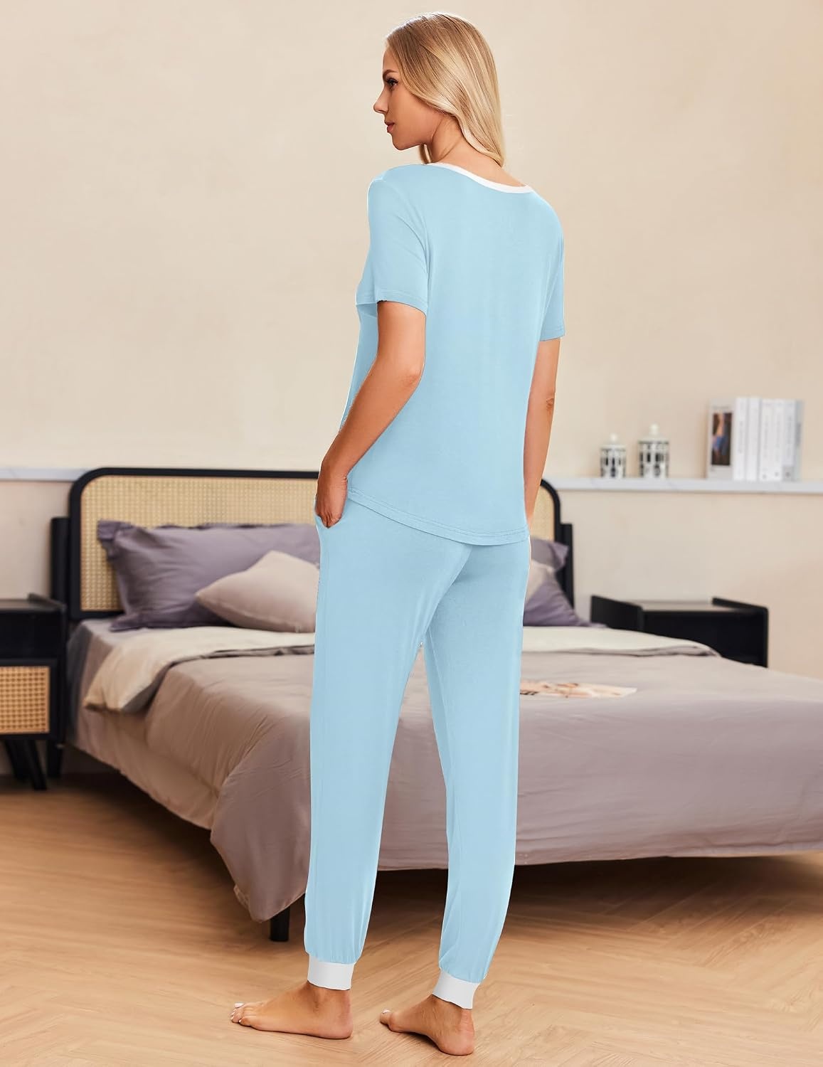 image:imageEkouaer Pajamas for Women Set 2 Piece Short Sleeve Fall Pjs with PocketsLight Blue