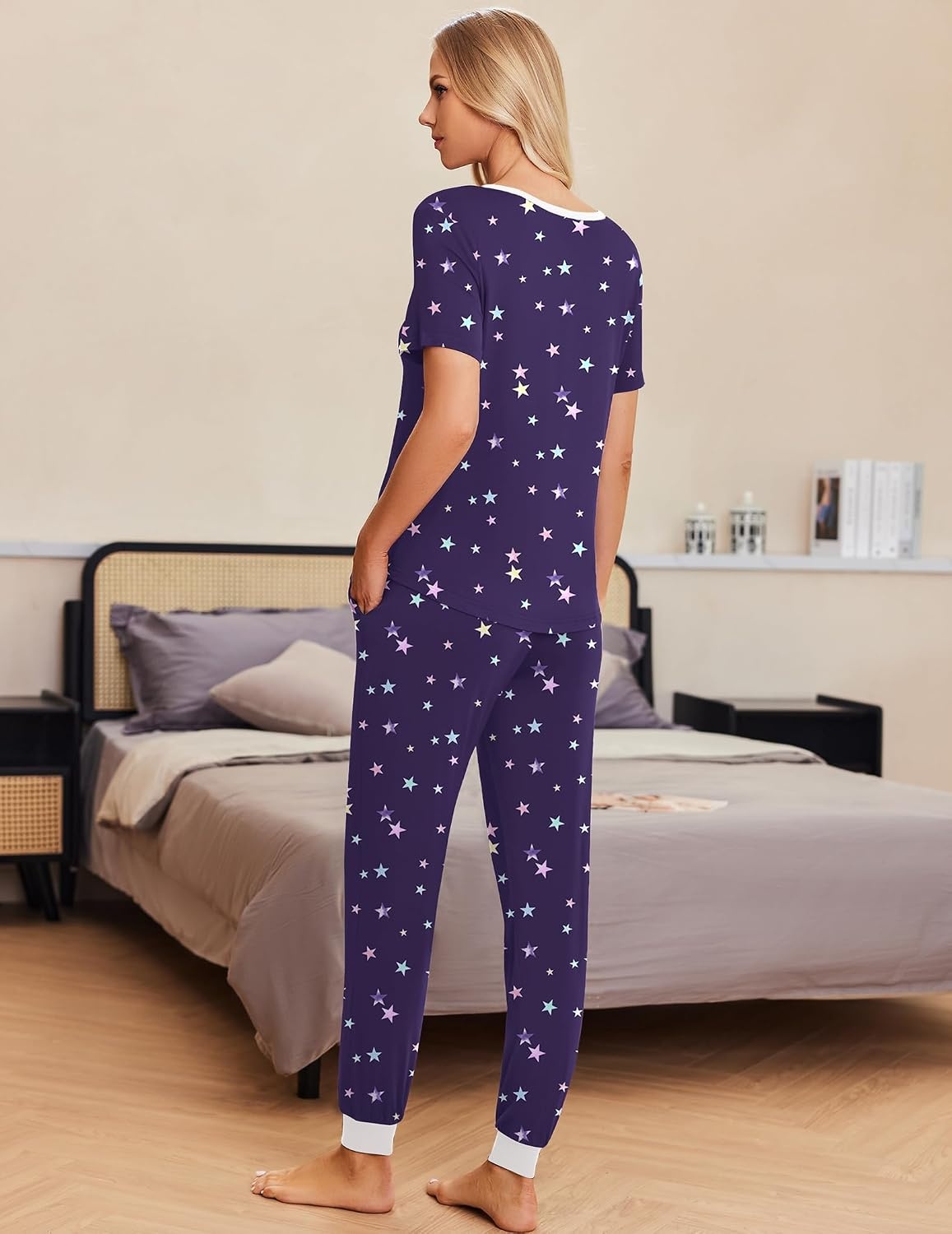 image:imageEkouaer Pajamas for Women Set 2 Piece Short Sleeve Fall Pjs with PocketsPurplestar