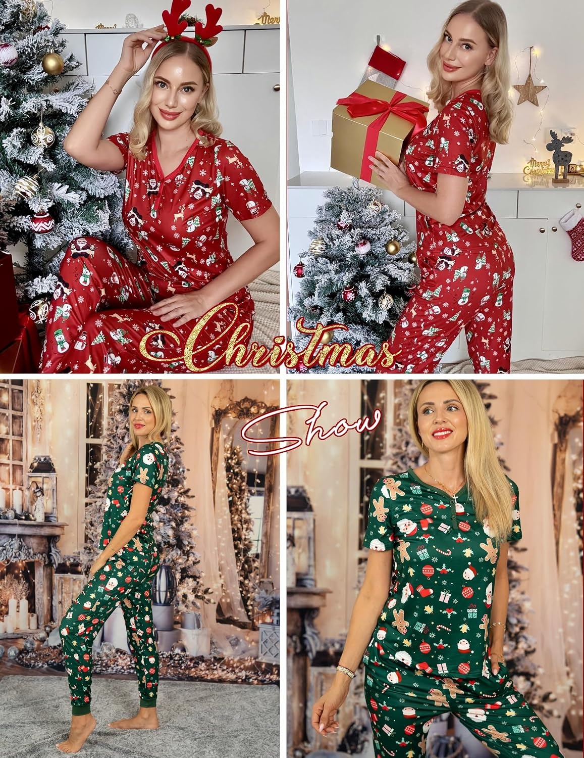 image:imageEkouaer Pajamas for Women Set 2 Piece Short Sleeve Fall Pjs with PocketsRed Deer Christmas