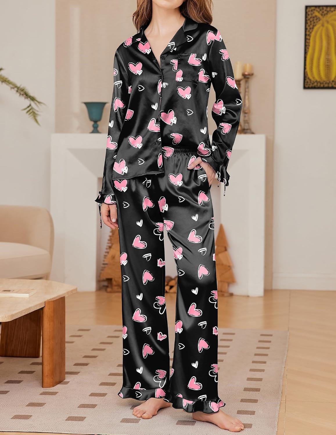 image:imageEkouaer Satin Pajamas for Women Silky Long Sleeve Button Down Pajama SetsHeart Black