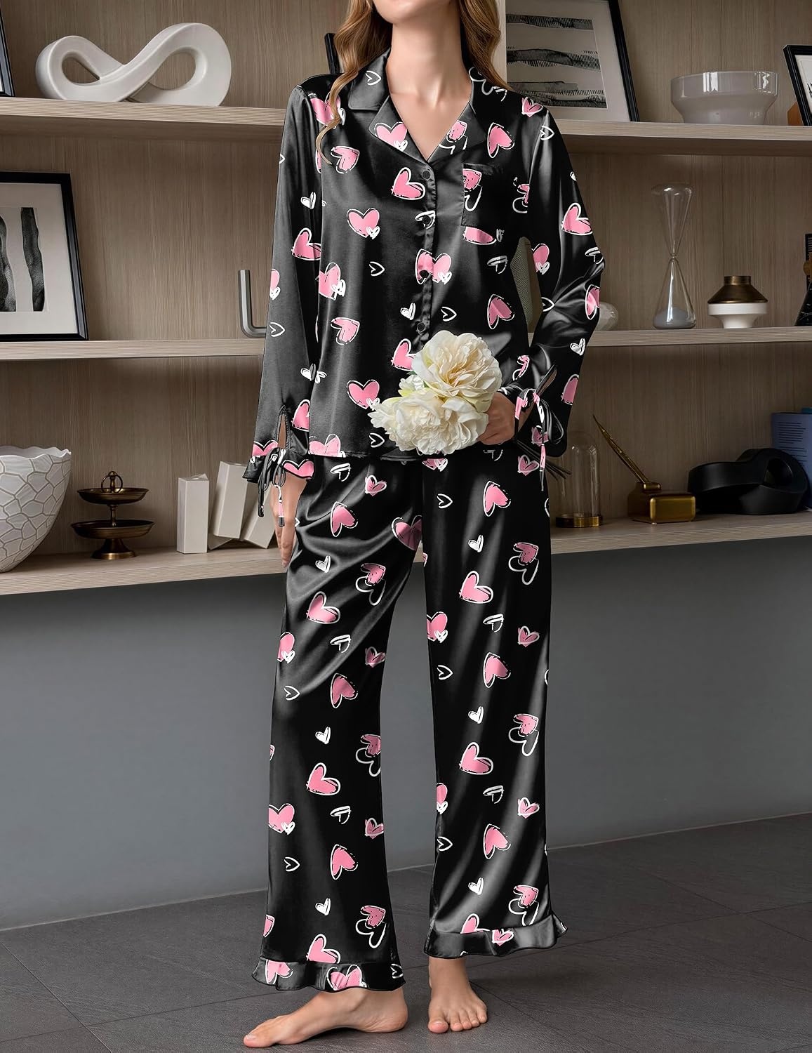 image:imageEkouaer Satin Pajamas for Women Silky Long Sleeve Button Down Pajama SetsHeart Black