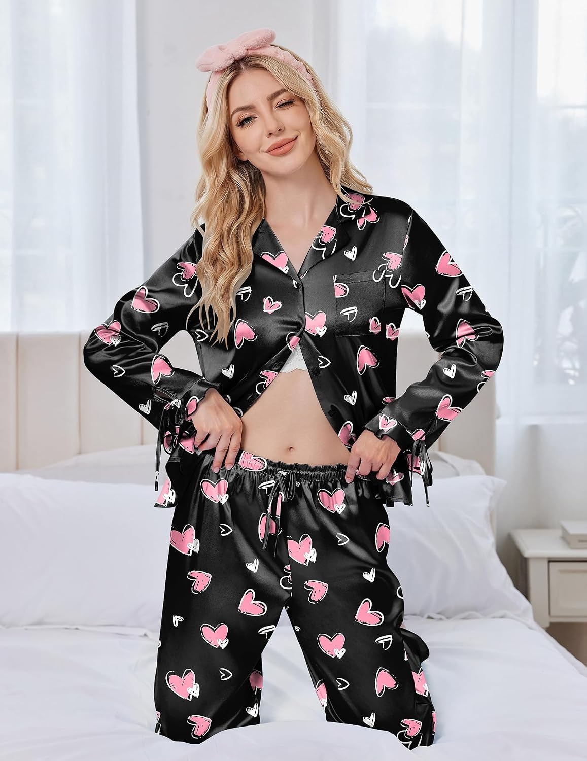image:imageEkouaer Satin Pajamas for Women Silky Long Sleeve Button Down Pajama SetsHeart Black