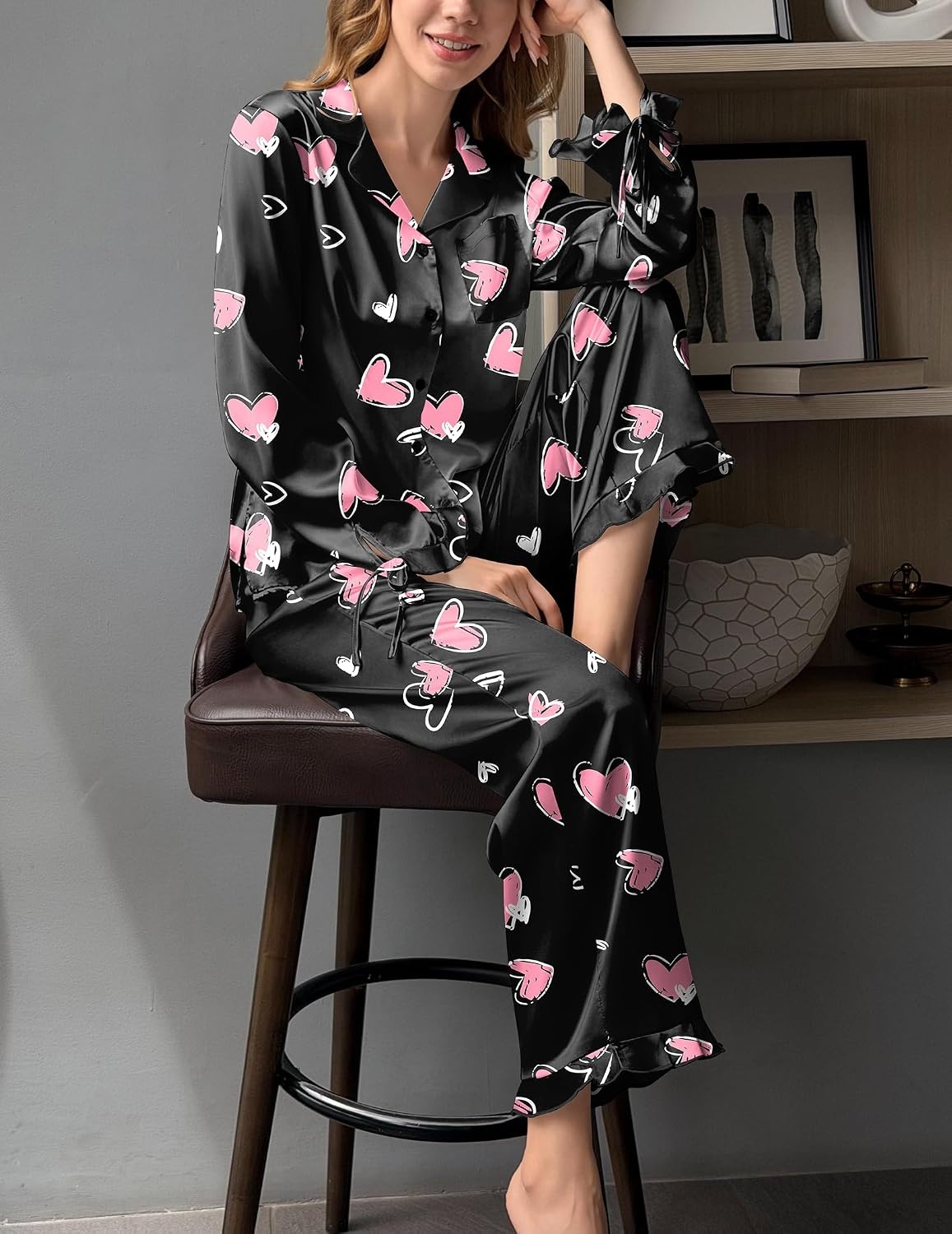 image:imageEkouaer Satin Pajamas for Women Silky Long Sleeve Button Down Pajama SetsHeart Black