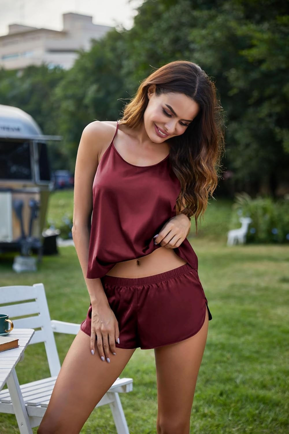 image:imageEkouaer Silk Pajamas Set for Women Satin Backless Lingerie Pjs NightwearDark Red