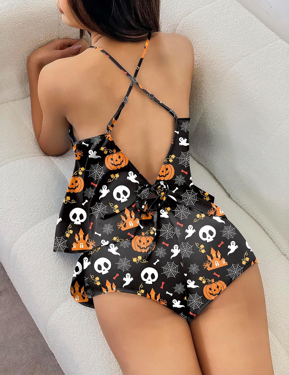 image:imageEkouaer Silk Pajamas Set for Women Satin Backless Lingerie Pjs NightwearHalloween Pumpkin Spider Web