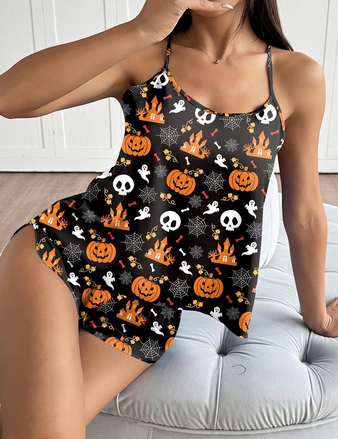 image:imageEkouaer Silk Pajamas Set for Women Satin Backless Lingerie Pjs NightwearHalloween Pumpkin Spider Web