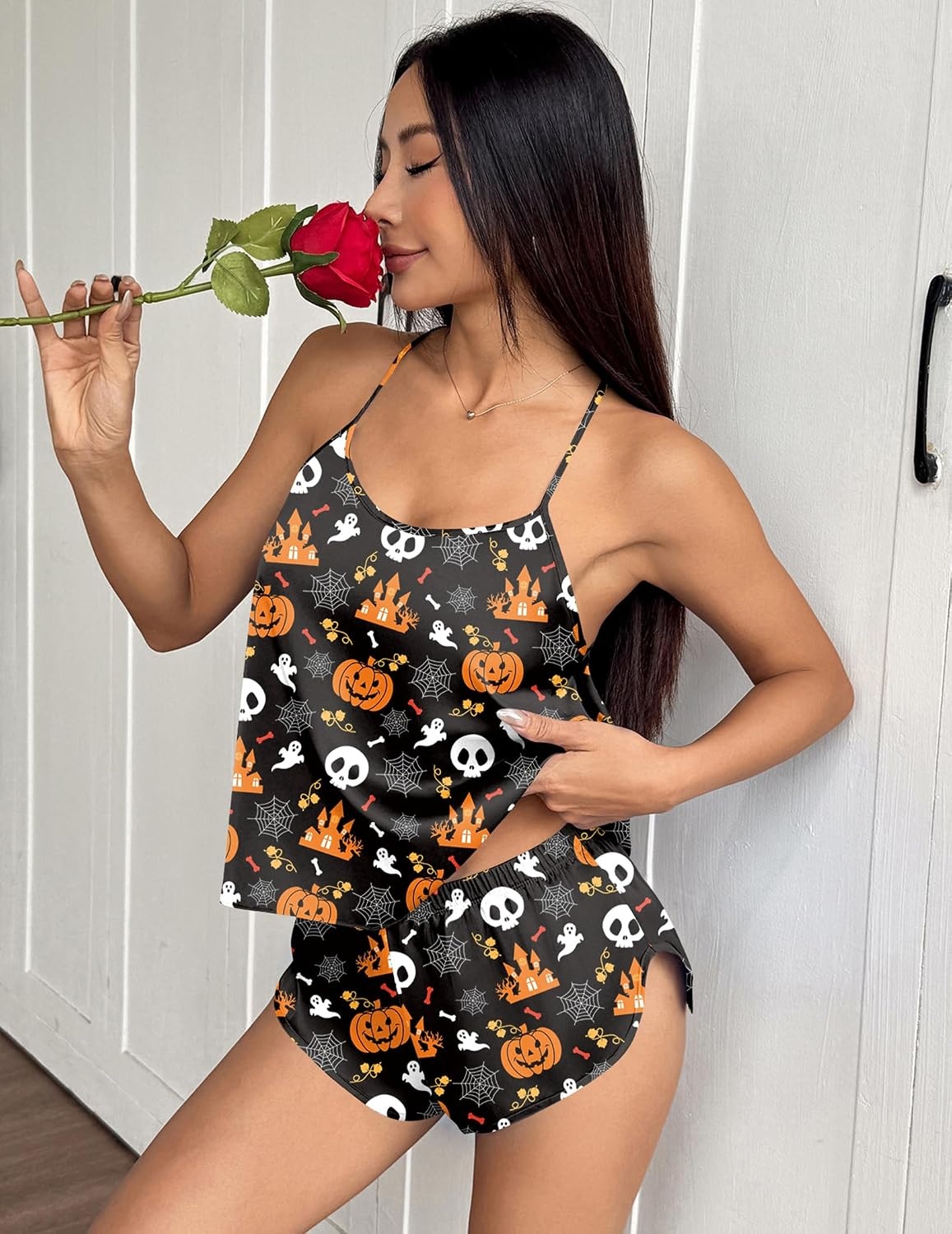 image:imageEkouaer Silk Pajamas Set for Women Satin Backless Lingerie Pjs NightwearHalloween Pumpkin Spider Web