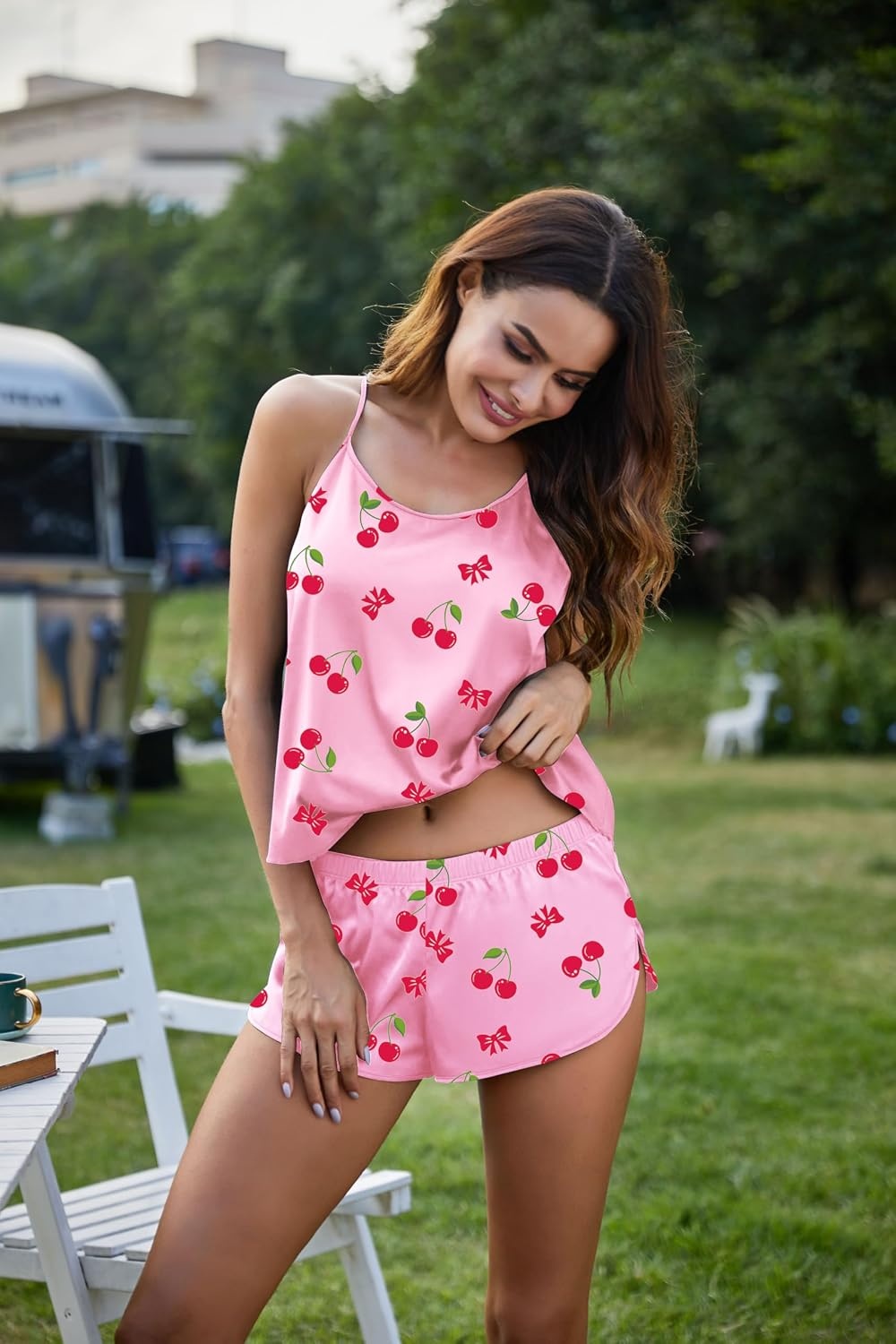 image:imageEkouaer Silk Pajamas Set for Women Satin Backless Lingerie Pjs NightwearPink Cherry Print