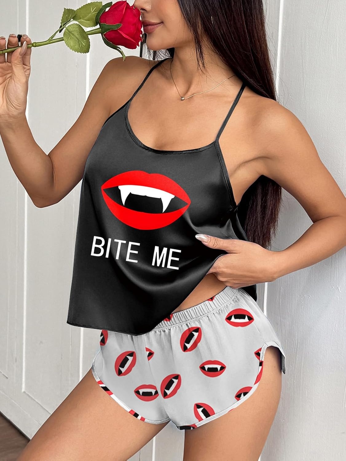 image:imageEkouaer Silk Pajamas Set for Women Satin Backless Lingerie Pjs NightwearPrintbite Lip Red