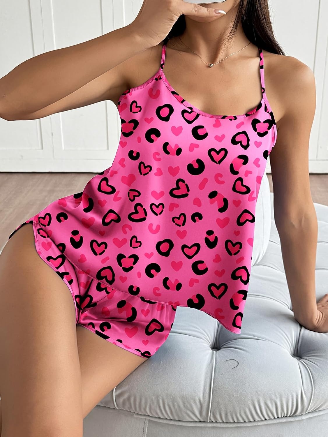 image:imageEkouaer Silk Pajamas Set for Women Satin Backless Lingerie Pjs NightwearPrintblackpink Leopard
