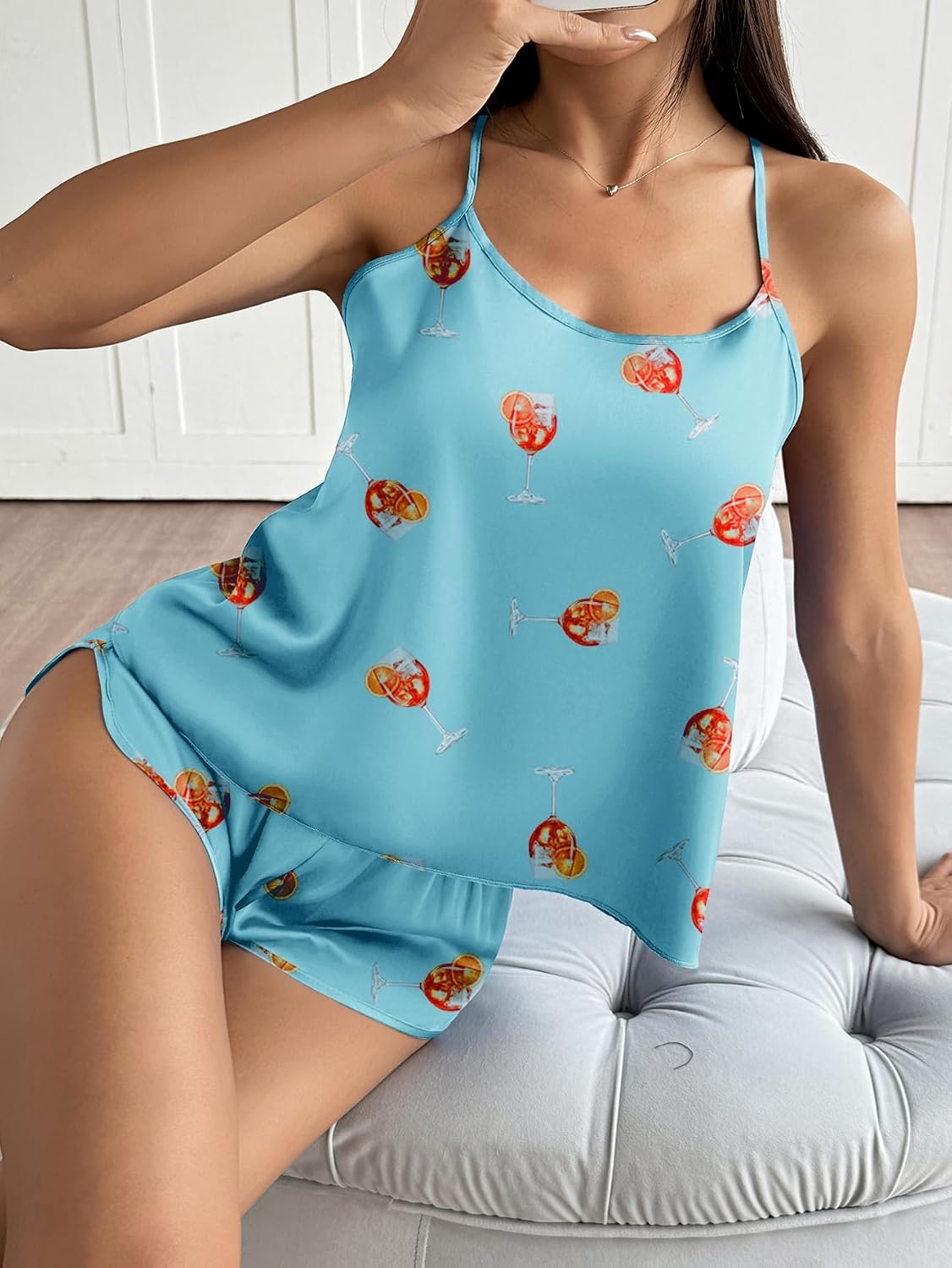 image:imageEkouaer Silk Pajamas Set for Women Satin Backless Lingerie Pjs NightwearPrintblue Cheers