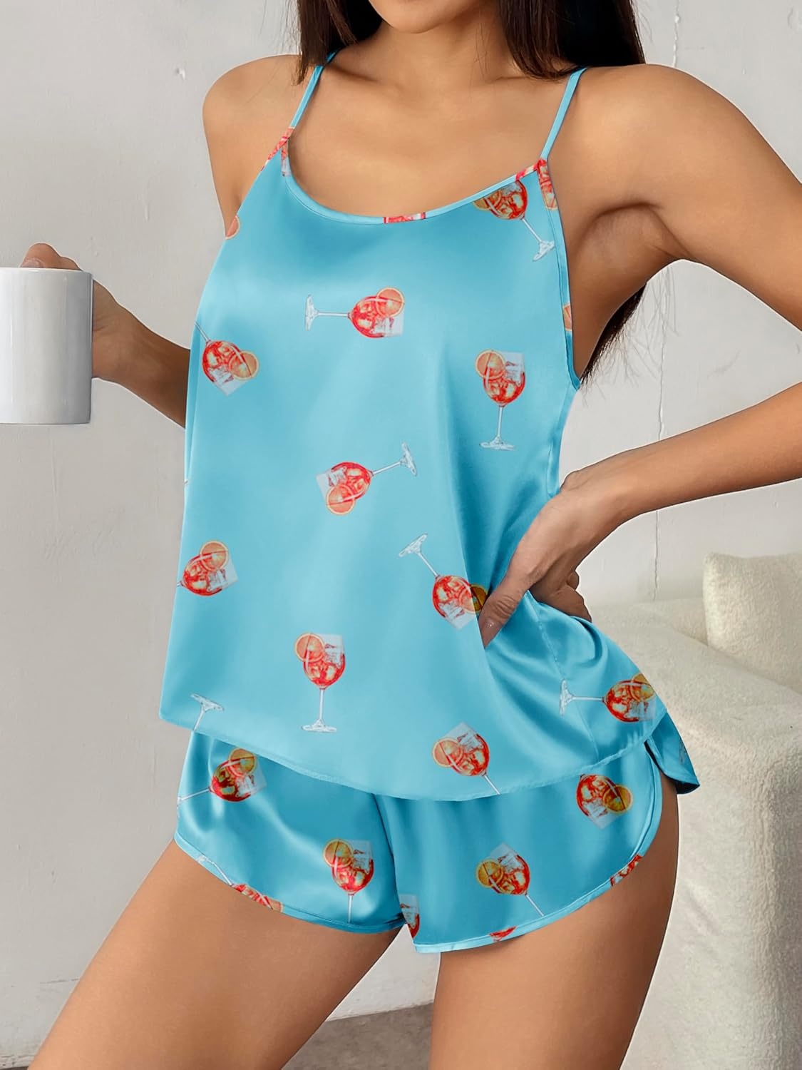 image:imageEkouaer Silk Pajamas Set for Women Satin Backless Lingerie Pjs NightwearPrintblue Cheers