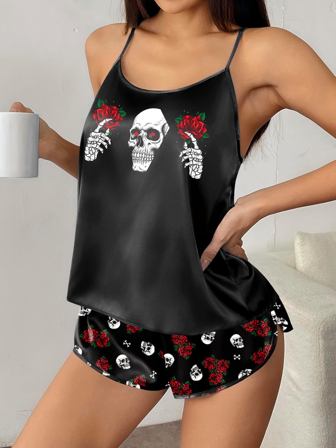image:imageEkouaer Silk Pajamas Set for Women Satin Backless Lingerie Pjs NightwearPrintgothic Rose