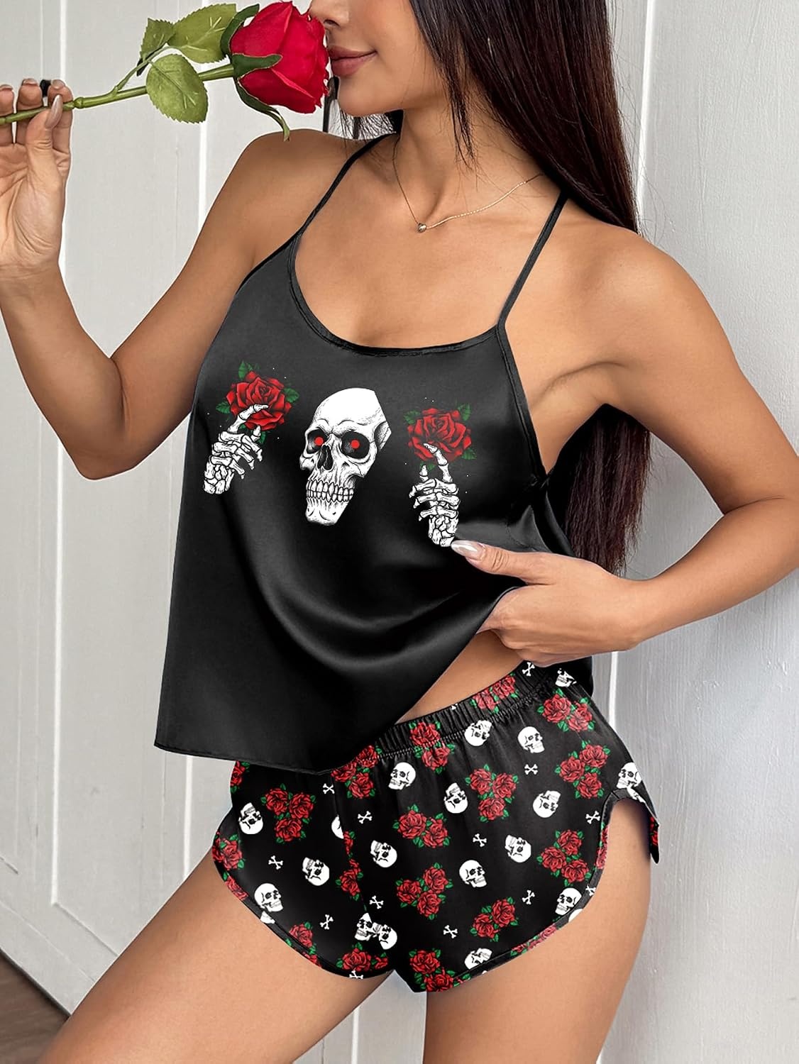 image:imageEkouaer Silk Pajamas Set for Women Satin Backless Lingerie Pjs NightwearPrintgothic Rose