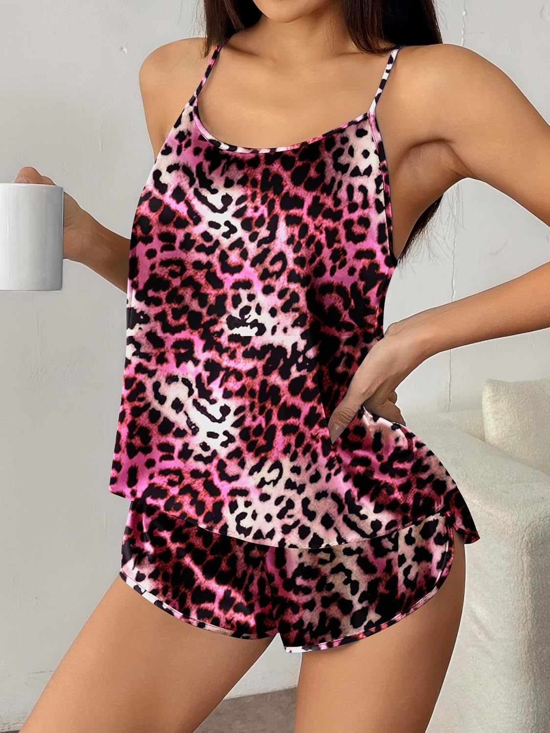 image:imageEkouaer Silk Pajamas Set for Women Satin Backless Lingerie Pjs NightwearPrintgrad Pink Leopard