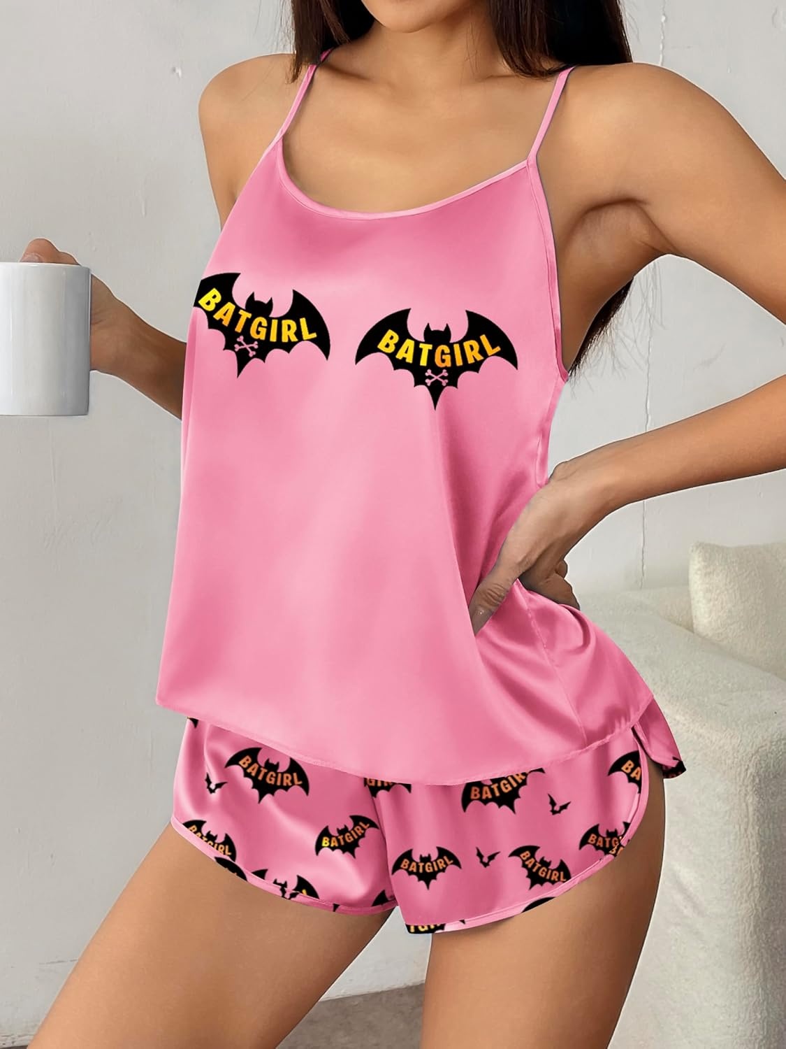 image:imageEkouaer Silk Pajamas Set for Women Satin Backless Lingerie Pjs NightwearPrintpink Bat