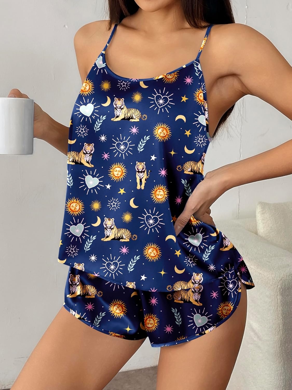 image:imageEkouaer Silk Pajamas Set for Women Satin Backless Lingerie Pjs NightwearPrinttigerMoonSunStar