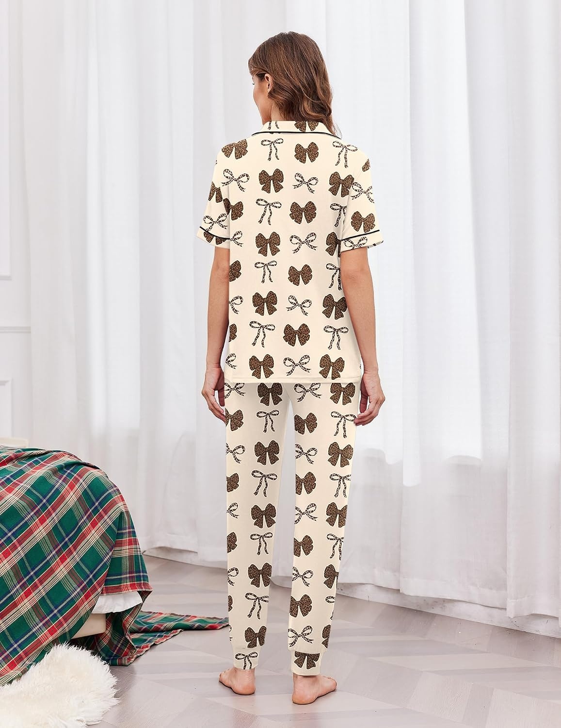 image:imageEkouaer Women Pajama Set Short Sleeve Button Down Pjs with Jogger PantsBeige Bow