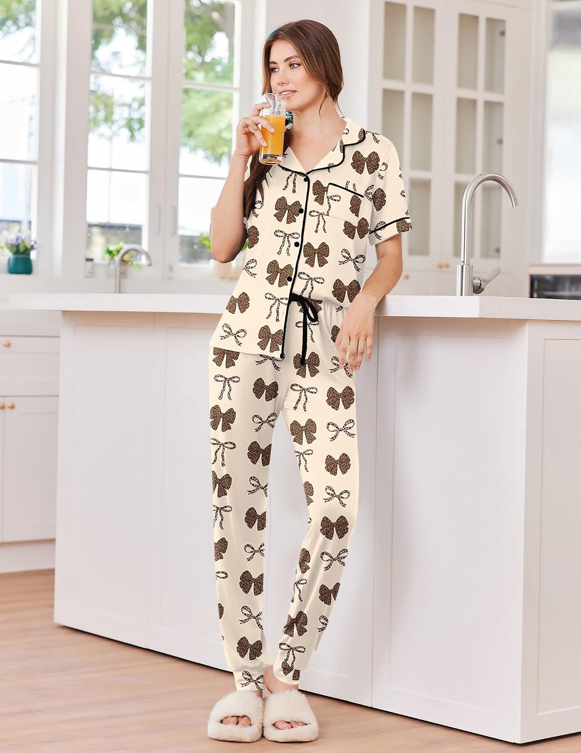 image:imageEkouaer Women Pajama Set Short Sleeve Button Down Pjs with Jogger PantsBeige Bow