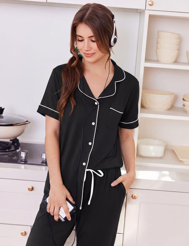image:imageEkouaer Women Pajama Set Short Sleeve Button Down Pjs with Jogger PantsBlack