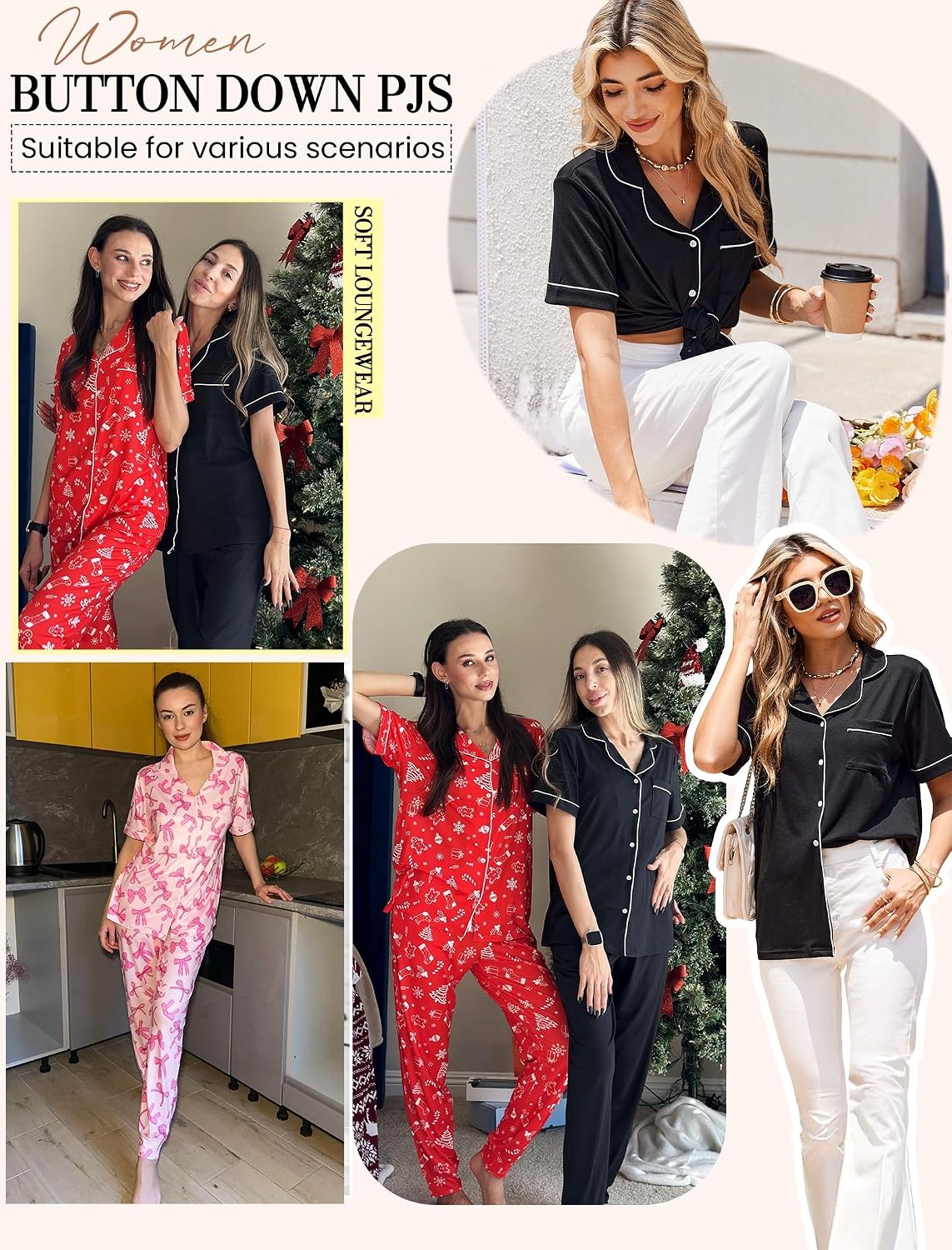 image:imageEkouaer Women Pajama Set Short Sleeve Button Down Pjs with Jogger PantsBlack