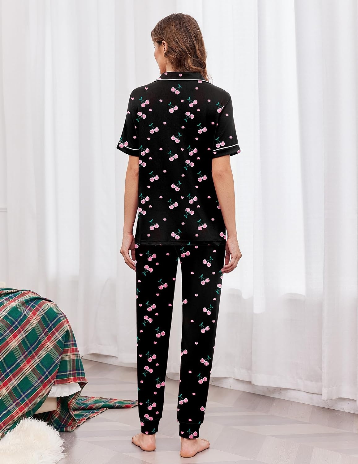 image:imageEkouaer Women Pajama Set Short Sleeve Button Down Pjs with Jogger PantsBlack Cherry