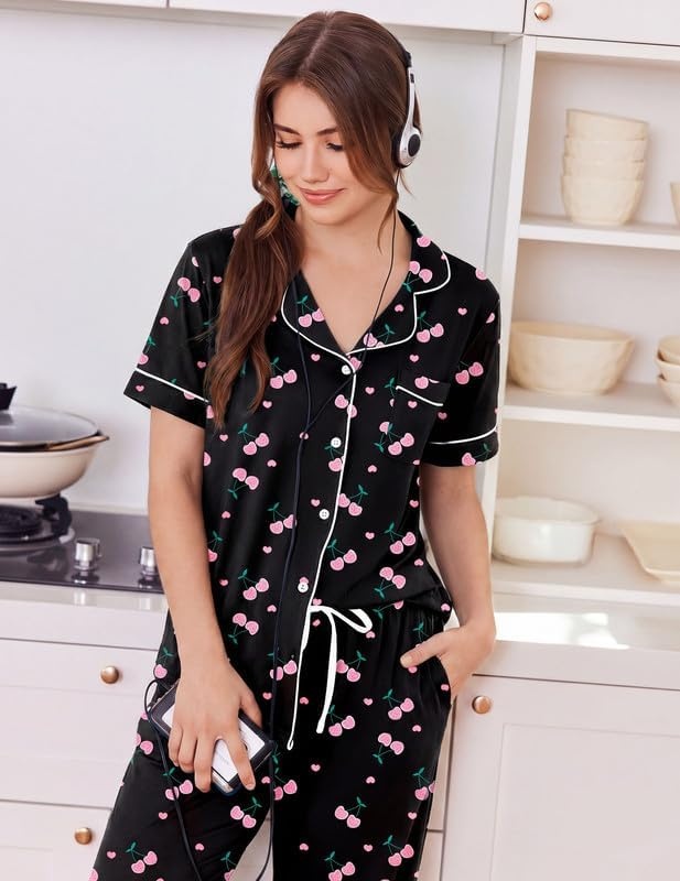 image:imageEkouaer Women Pajama Set Short Sleeve Button Down Pjs with Jogger PantsBlack Cherry
