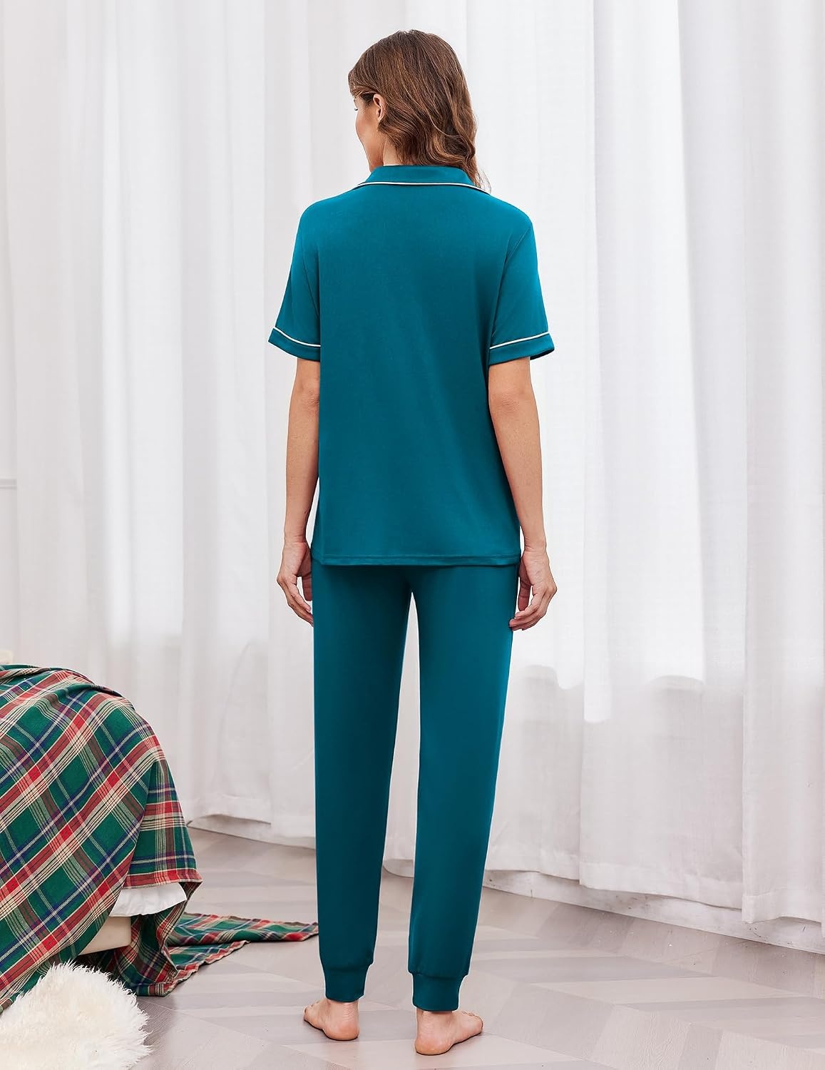 image:imageEkouaer Women Pajama Set Short Sleeve Button Down Pjs with Jogger PantsBlue Green