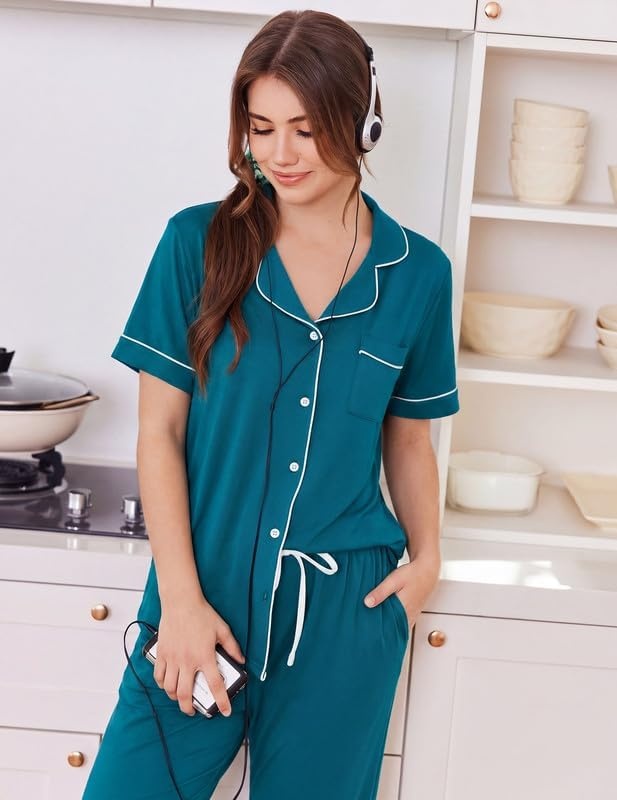 image:imageEkouaer Women Pajama Set Short Sleeve Button Down Pjs with Jogger PantsBlue Green
