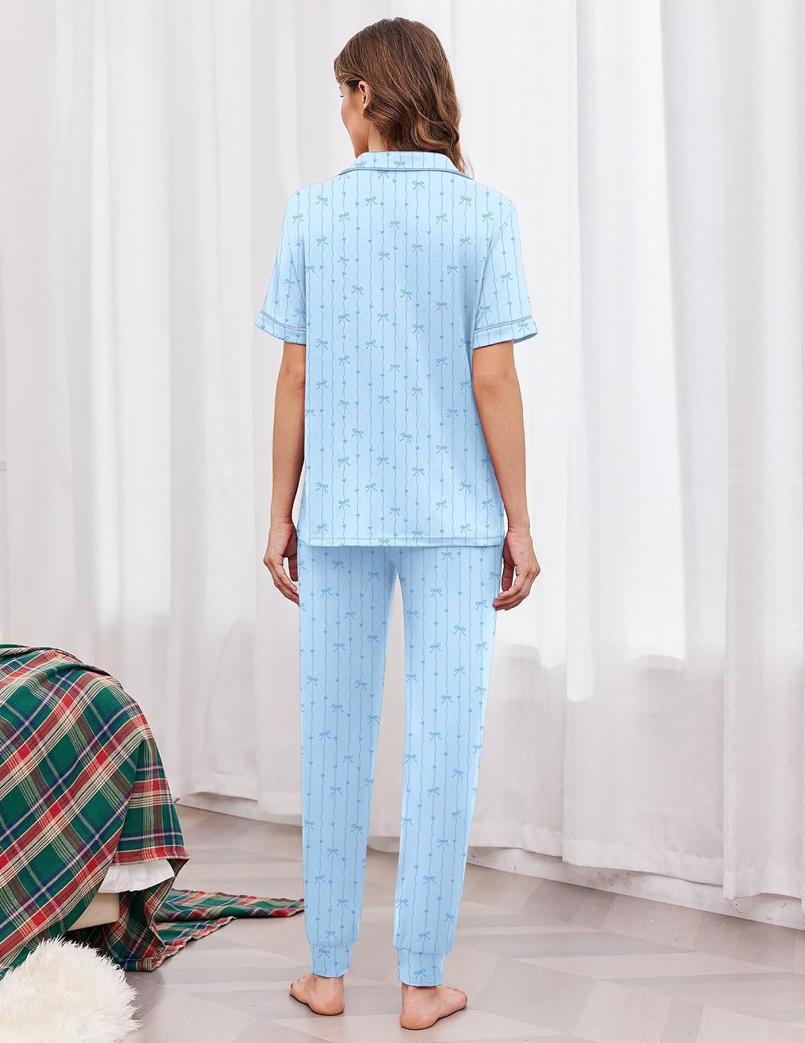image:imageEkouaer Women Pajama Set Short Sleeve Button Down Pjs with Jogger PantsBlue Stripe Bow