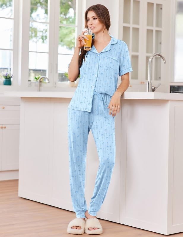 image:imageEkouaer Women Pajama Set Short Sleeve Button Down Pjs with Jogger PantsBlue Stripe Bow