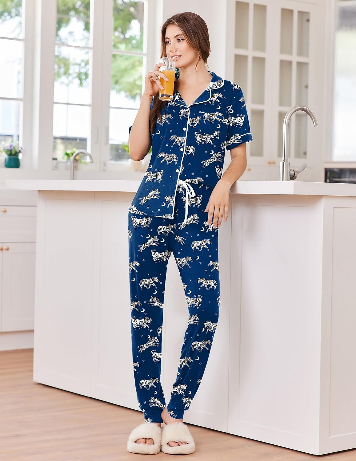 image:imageEkouaer Women Pajama Set Short Sleeve Button Down Pjs with Jogger PantsBlue Zebra