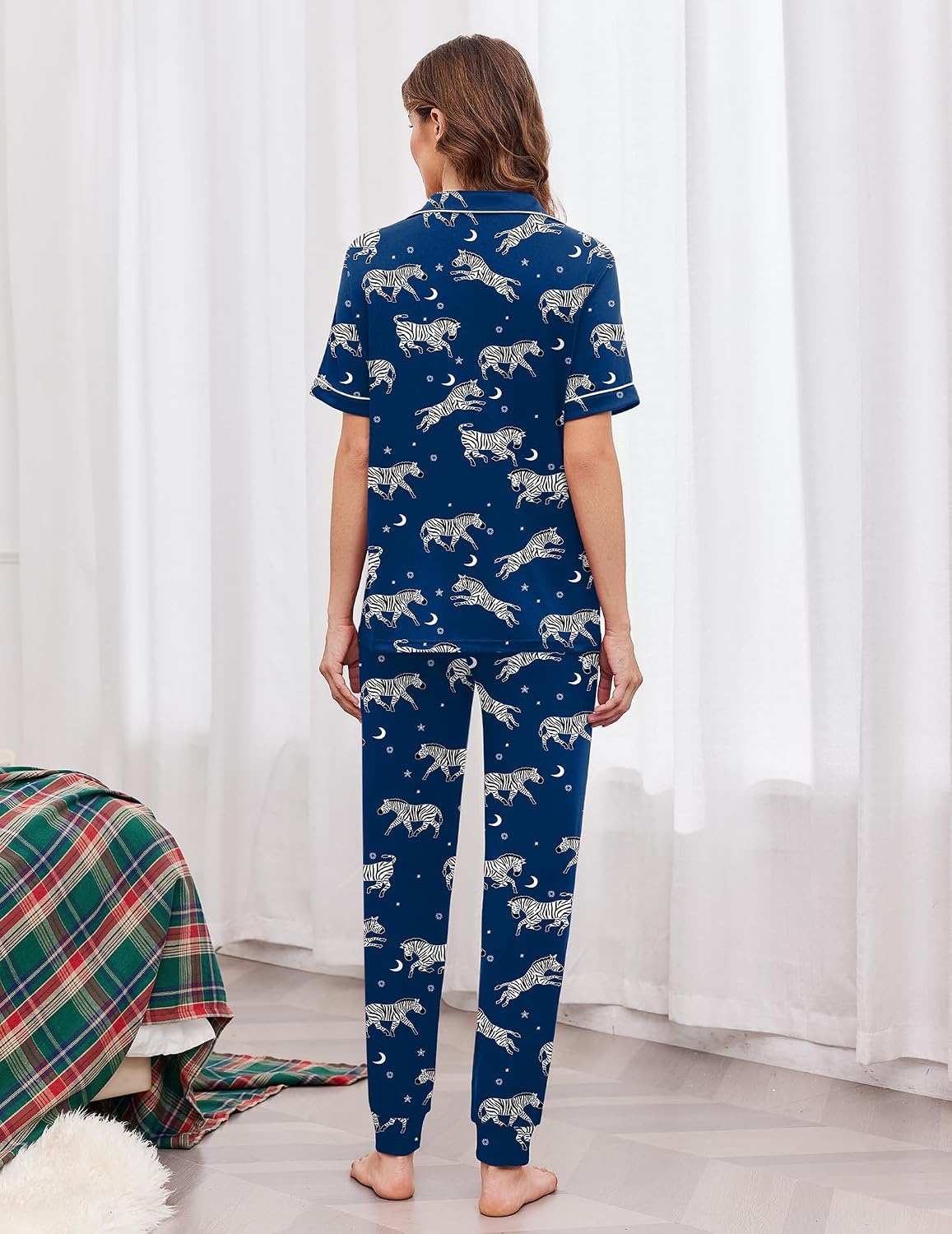 image:imageEkouaer Women Pajama Set Short Sleeve Button Down Pjs with Jogger PantsBlue Zebra