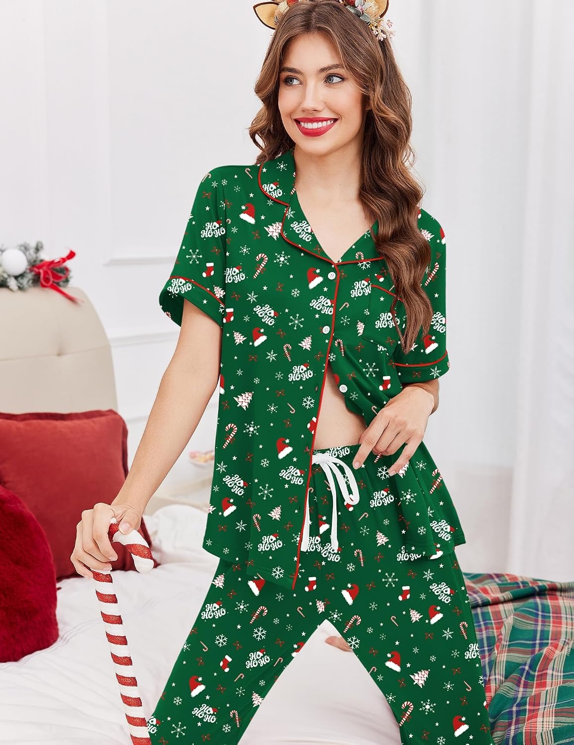 image:imageEkouaer Women Pajama Set Short Sleeve Button Down Pjs with Jogger PantsChristmas Green