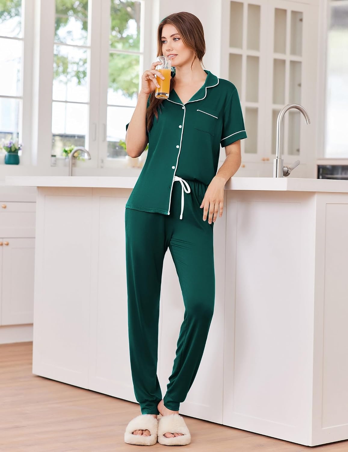 image:imageEkouaer Women Pajama Set Short Sleeve Button Down Pjs with Jogger PantsDark Green