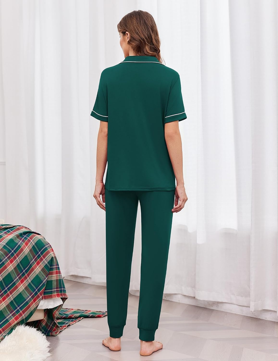 image:imageEkouaer Women Pajama Set Short Sleeve Button Down Pjs with Jogger PantsDark Green