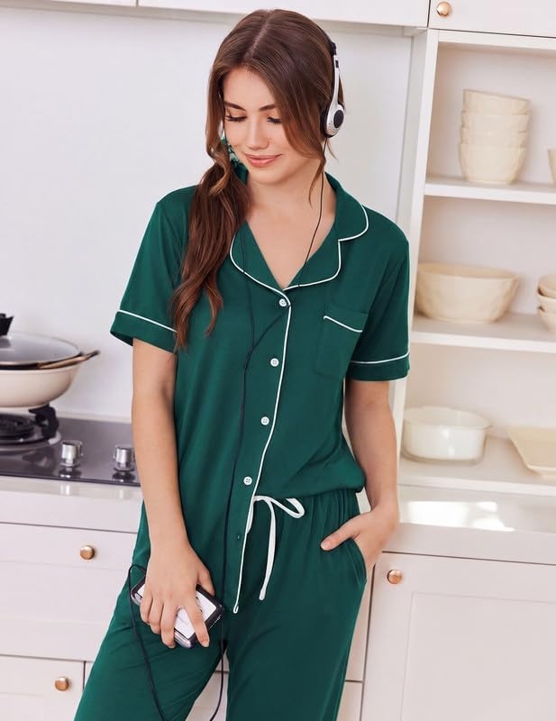 image:imageEkouaer Women Pajama Set Short Sleeve Button Down Pjs with Jogger PantsDark Green