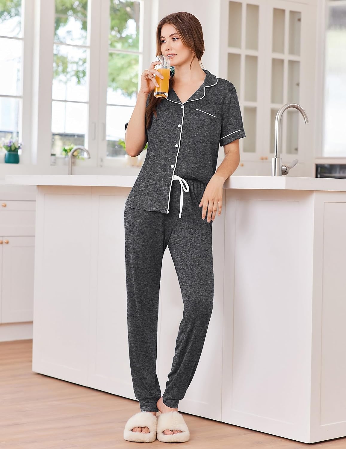 image:imageEkouaer Women Pajama Set Short Sleeve Button Down Pjs with Jogger PantsDark Grey