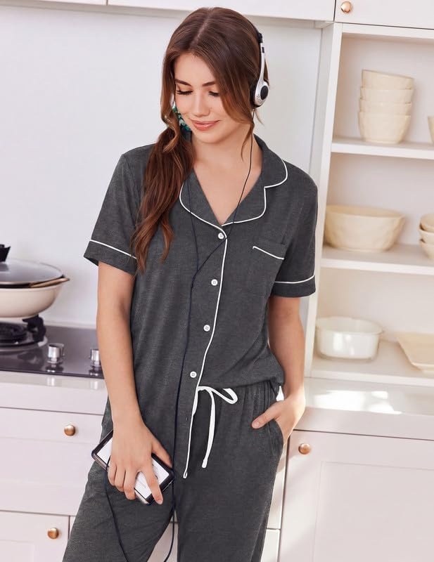 image:imageEkouaer Women Pajama Set Short Sleeve Button Down Pjs with Jogger PantsDark Grey