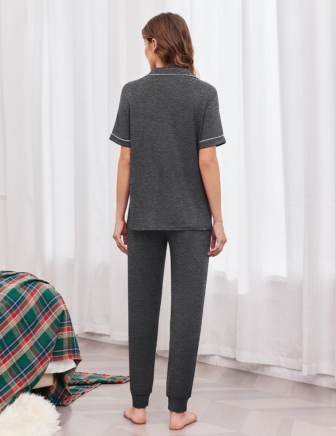 image:imageEkouaer Women Pajama Set Short Sleeve Button Down Pjs with Jogger PantsDark Grey